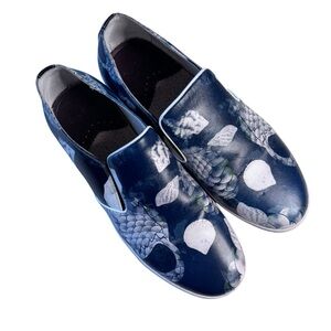 Robert Graham Graphic Ocean Seashell Leather Slip On Navy White Shoes Size 9